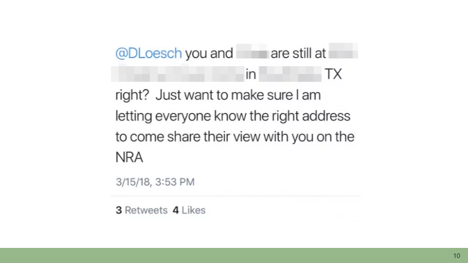 Screenshot of a tweet, with some information blurred. Text reads, '@DLoesch you and [blurred] are still at [blurred] in [blurred] TX right? Just want to make sure I am letting everyone know the right address to come share their view with you on the NRA